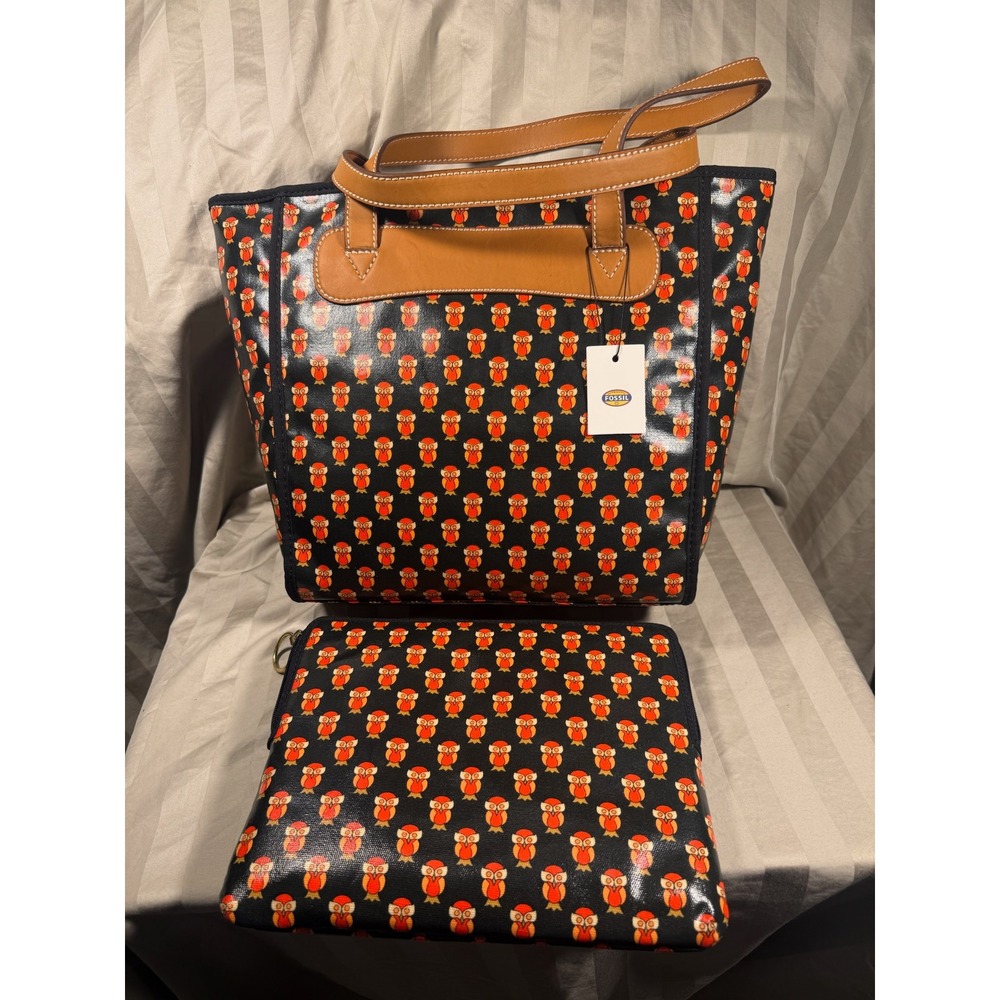Fossil Key-Per Owl Print Coated Canvas Tote Bag and Laptop Sleeve Set NEW